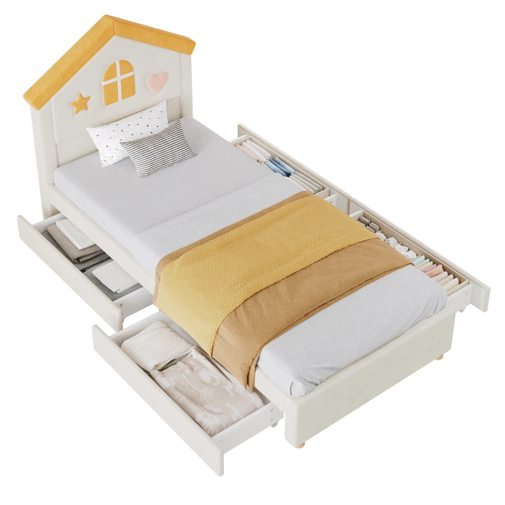 Letto per bambini 90x200 cm con 4 cassetti in velluto francese beige