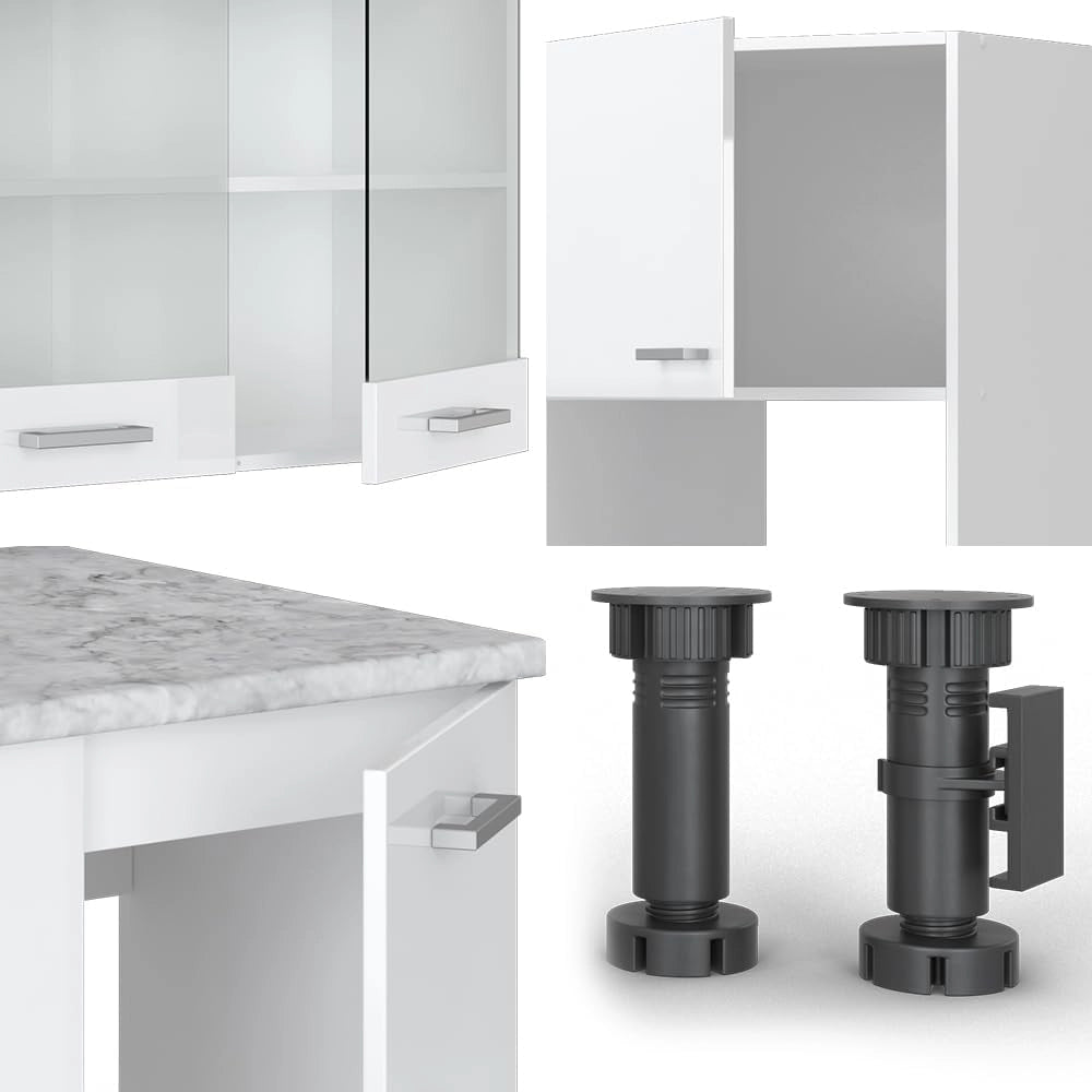 Cucina angolare completa R-Line, Bianco lucido, 247 x 60 cm, PL Rovere, per disposizione flessibile ed espansione modulare