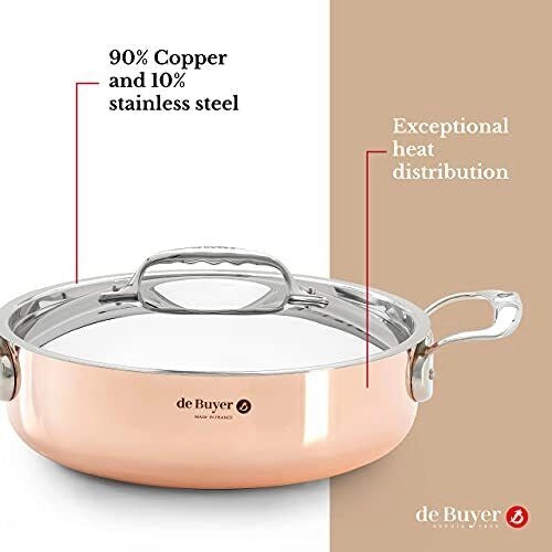 DE BUYER 6241.24 Prima Matera Casseruola bassa con coperchio in rame e acciaio inox 24 cm spessore 2 mm capacita' 3.1 l colore Rame e Acciaio Inox