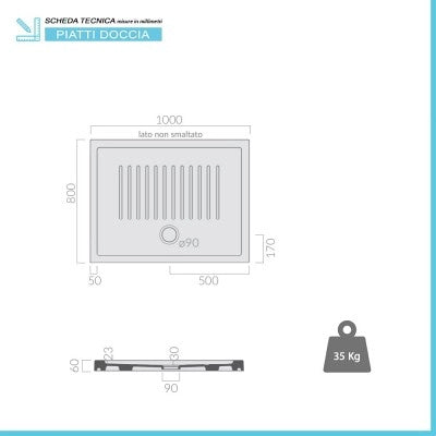 Piatto doccia 80x100 H 6 rettangolare in ceramica bianca con antiscivolo