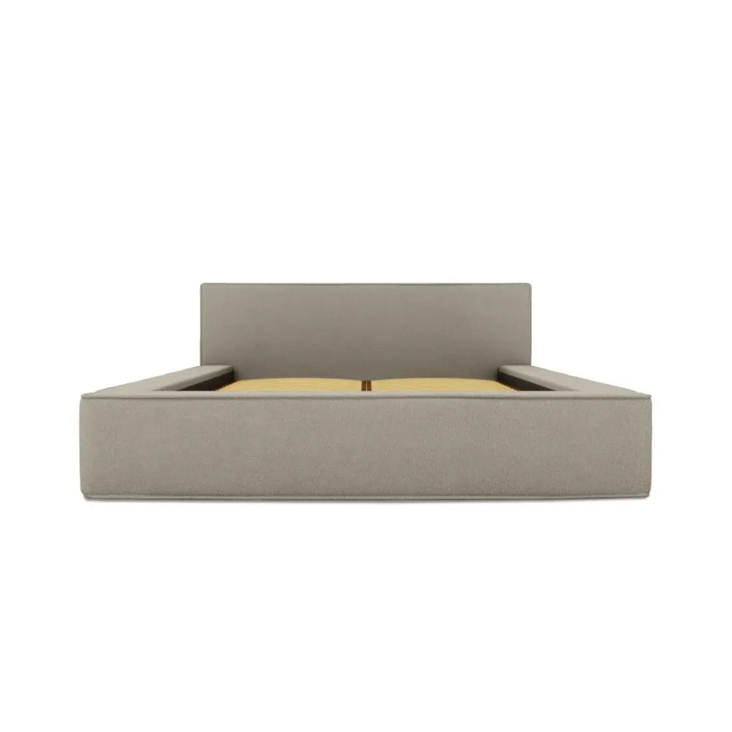 Letto contenitore VELORA – Lino naturale bouclé – 160x200 cm – Tessuto effetto lana – Rete sollevabile – Contenitore integrato