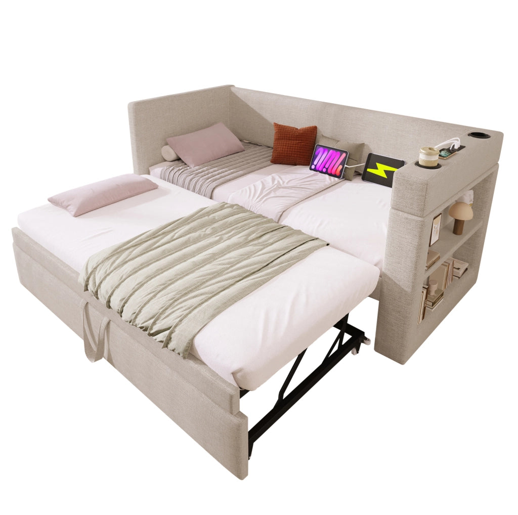 Divano letto estraibile 90x190 cm beige con USB-C, portabicchieri e braccioli reversibili