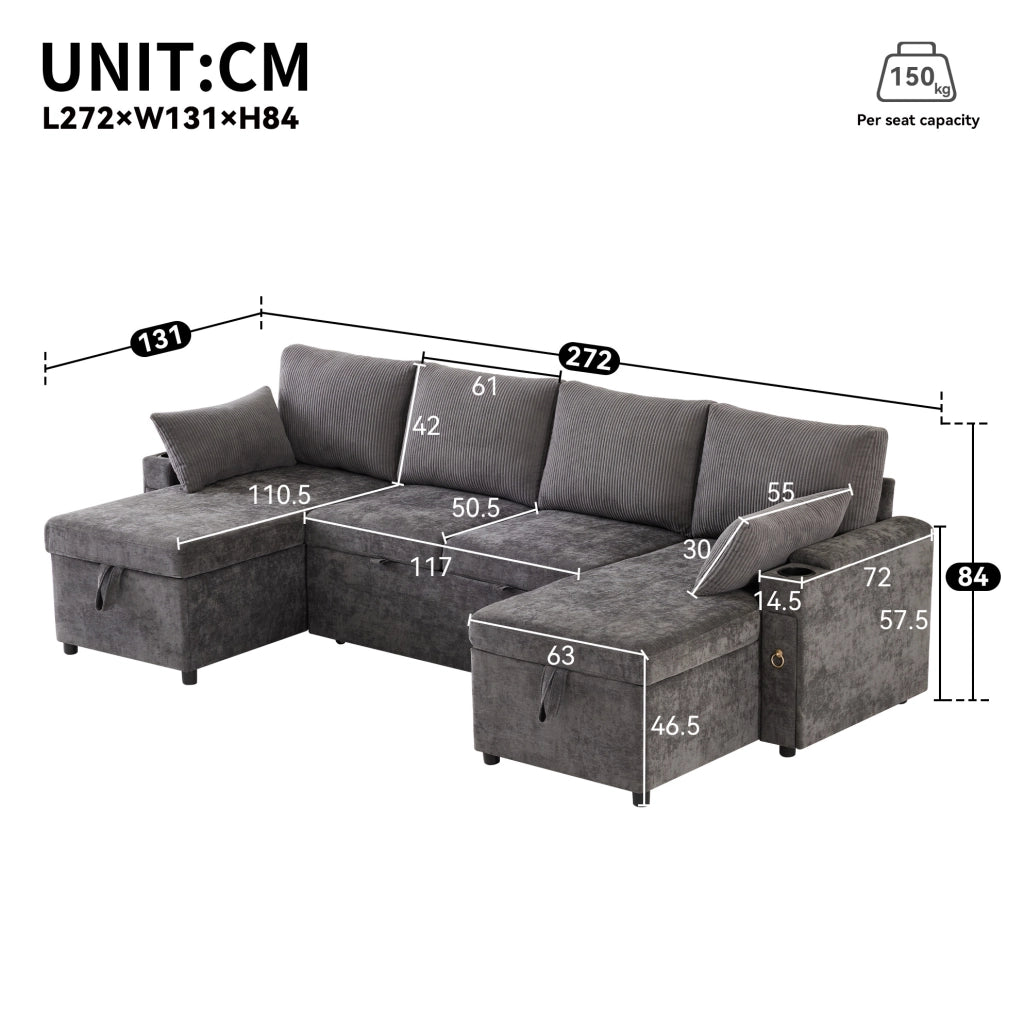 Divano letto modulare a U; 4 posti; con contenitore e portabicchieri; 272 x 131 x 84 cm; grigio