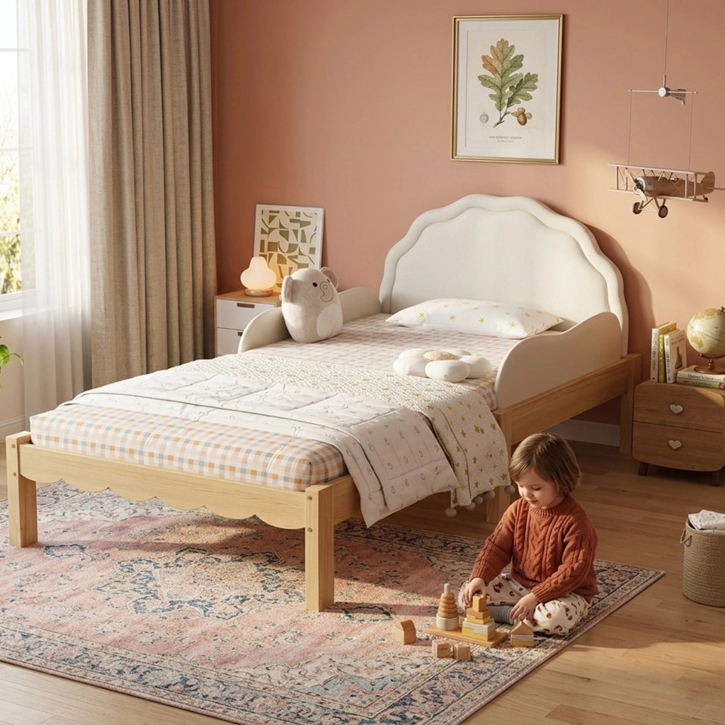 Letto per bambini 90 × 200 cm con barriere laterali, testiera imbottita, senza materasso, in legno, beige