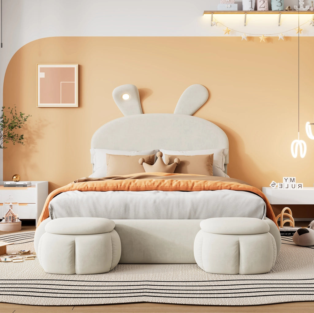 Letto imbottito con LED e contenitore beige 140x200 cm