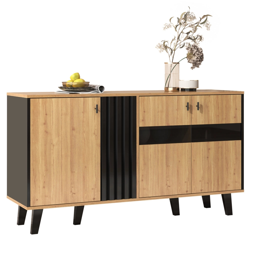Sideboard 140x78,5x41 cm in legno e nero con LED, ripiani interni e porta a vetro