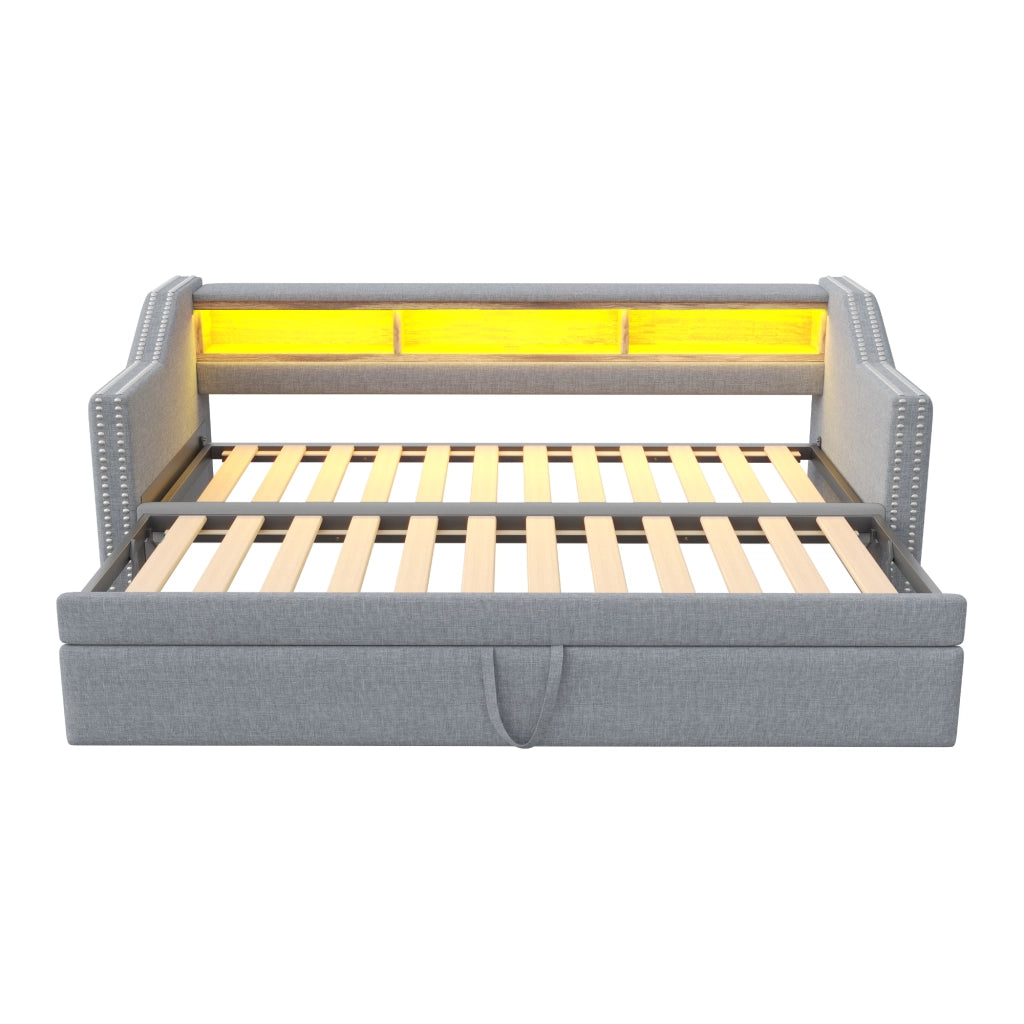 Letto estraibile 90 × 190 cm con vani laterali, LED, USB et 2 materassi inclusi, in lino, grigio chiaro