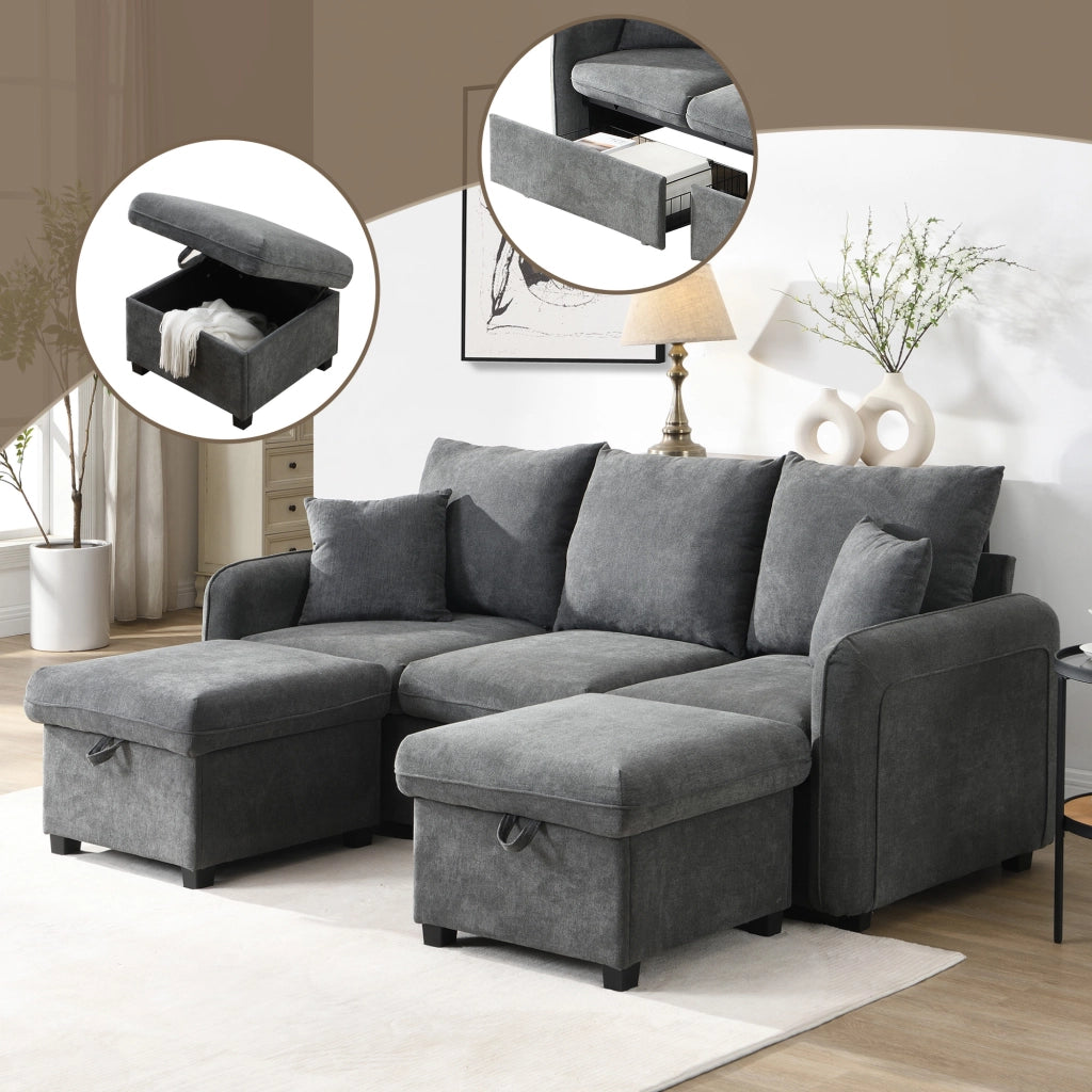 Divano Angolare Modulare 3 Posti con Contenitore; Convertibile con 2 Pouf Contenitore; Struttura Metallo Legno in Ciniglia Grigio Scuro