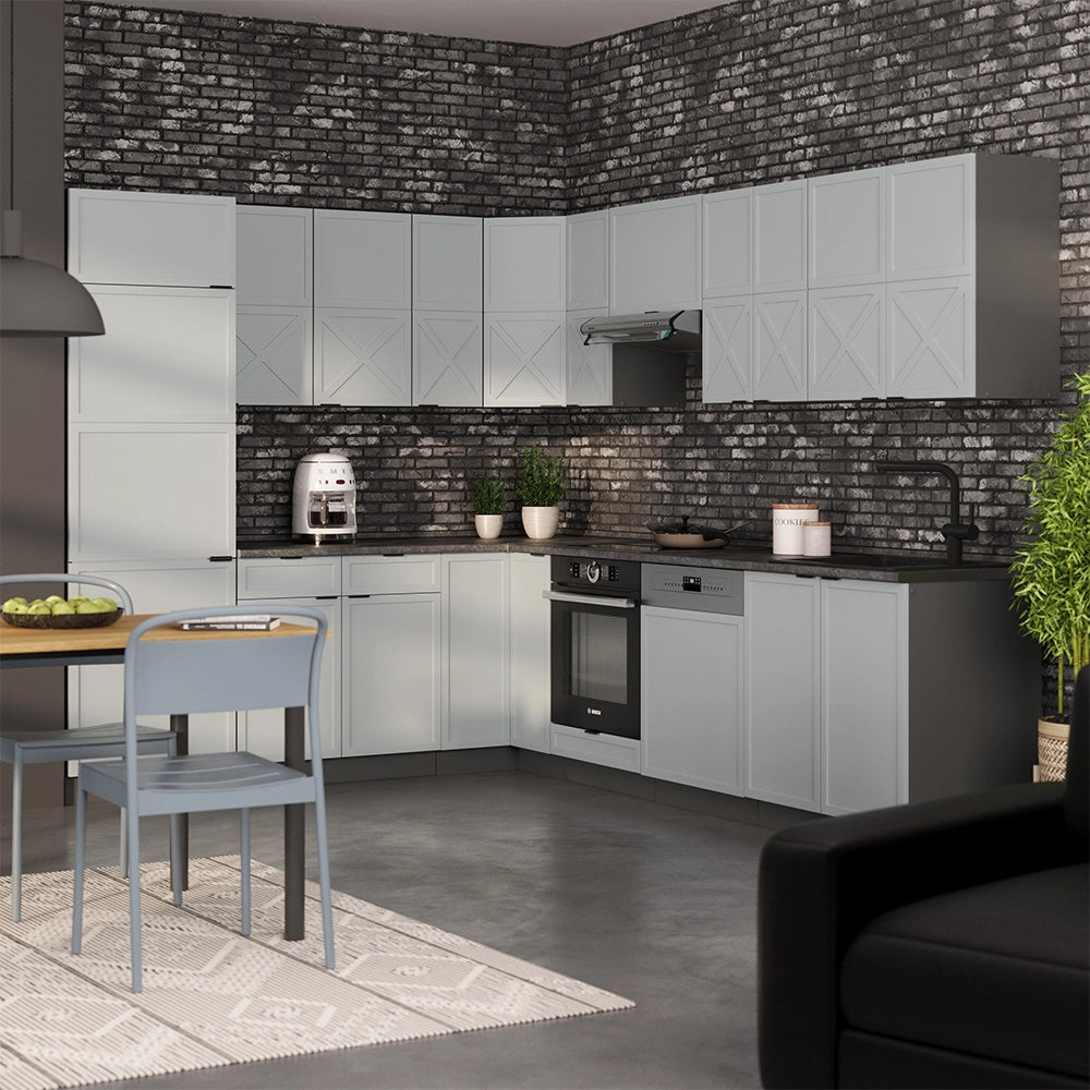 Cucina angolare completa Fame-Line Blu-grigio chiaro/Antracite 287 x 60 cm, PL Rovere Vicco