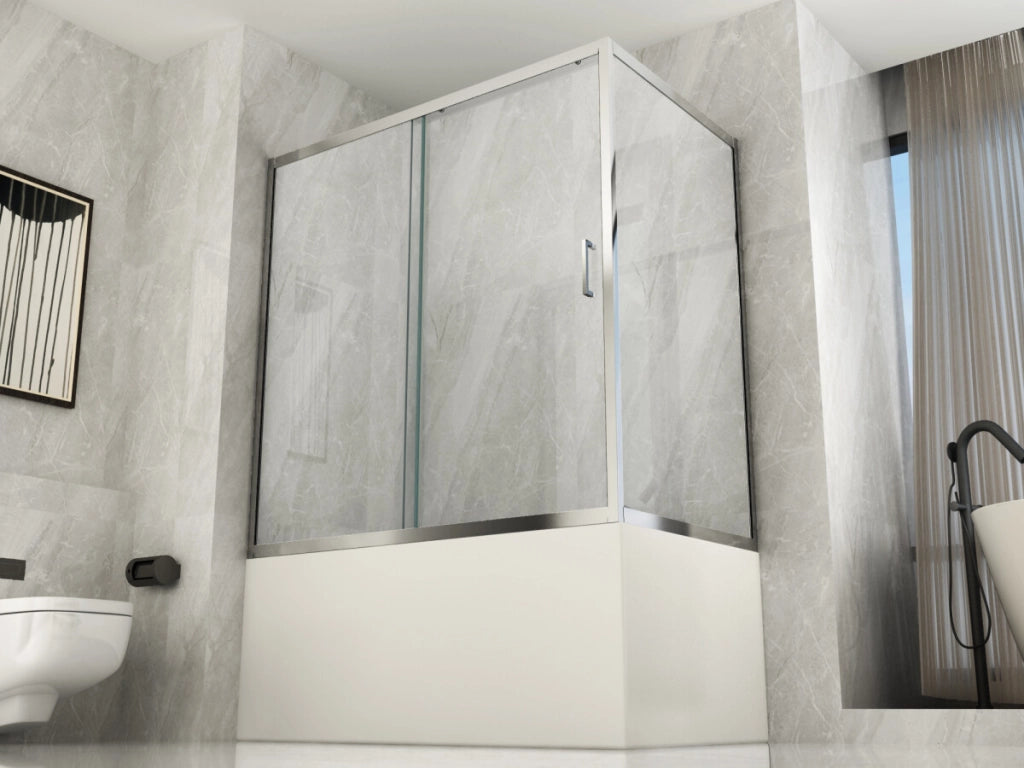 Box Doccia per Vasca a 2 Lati in Vetro Trasparente da 6 mm 1 Lato Fisso e 1 Porta Scorrevole - Misura: 65 x 140 x h150