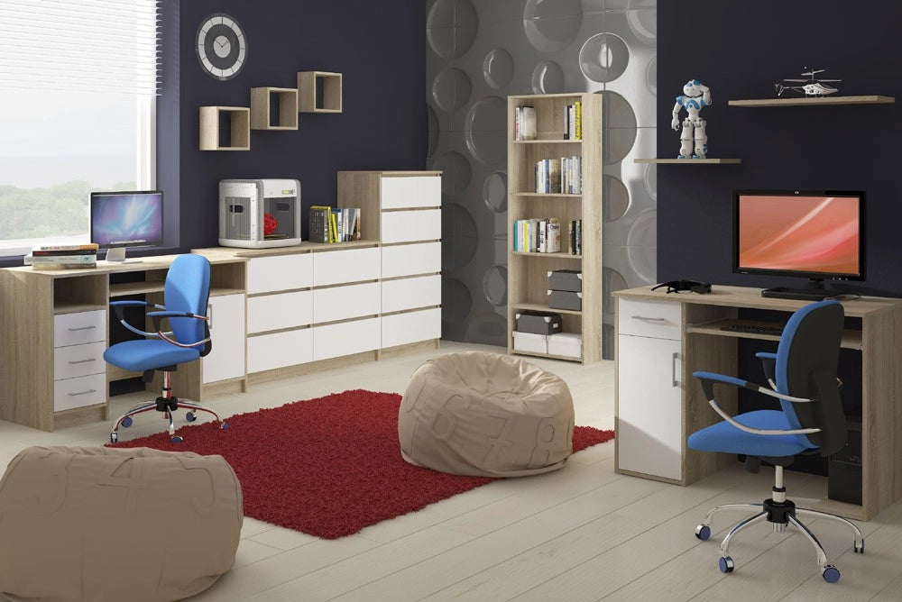 Scrivania per computer AKORD A6 Sonoma Quercia 90 cm 3 cassetti inserto frontale Bianco 90x50x77 cm Modello a destra