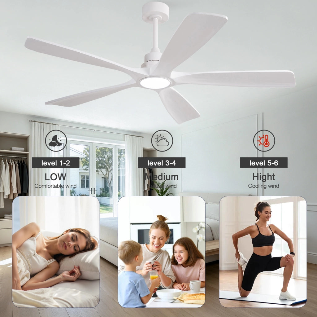Ventilatore da soffitto da 60 pollici con luce LED e telecomando; 5 pale in legno; bianco