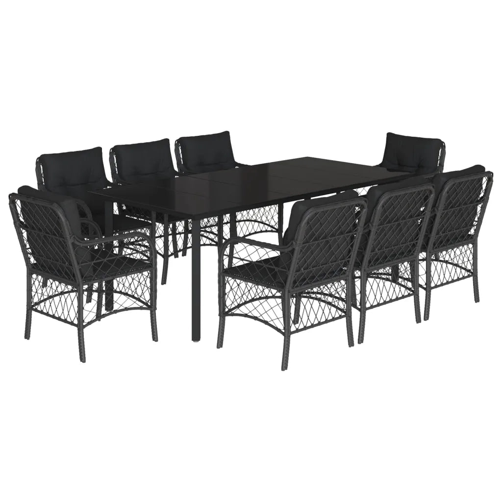 Set da Pranzo da Giardino 9 pz con Cuscini Nero in Polyrattan