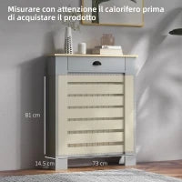 Copritermosifone in MDF a Doghe, Copricalorifero a Griglia con Cassetto, 78x19x95.5 cm, Grigio