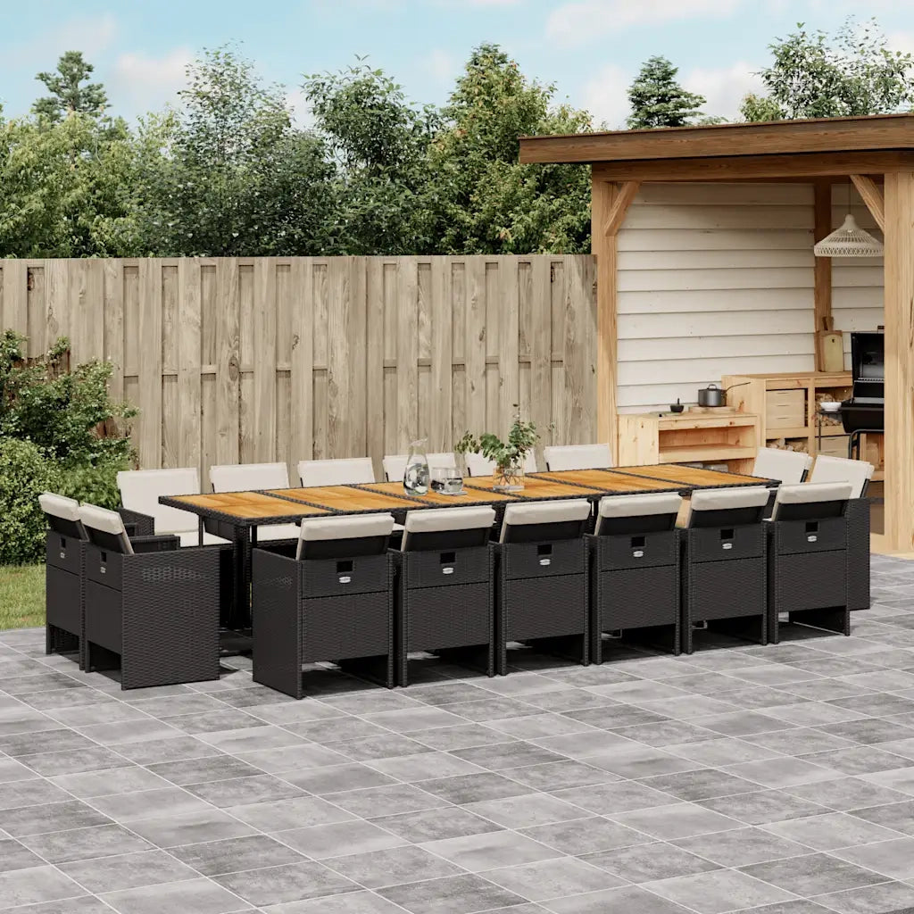 Set da Pranzo da Giardino 17 pz con Cuscini Nero in Polyrattan