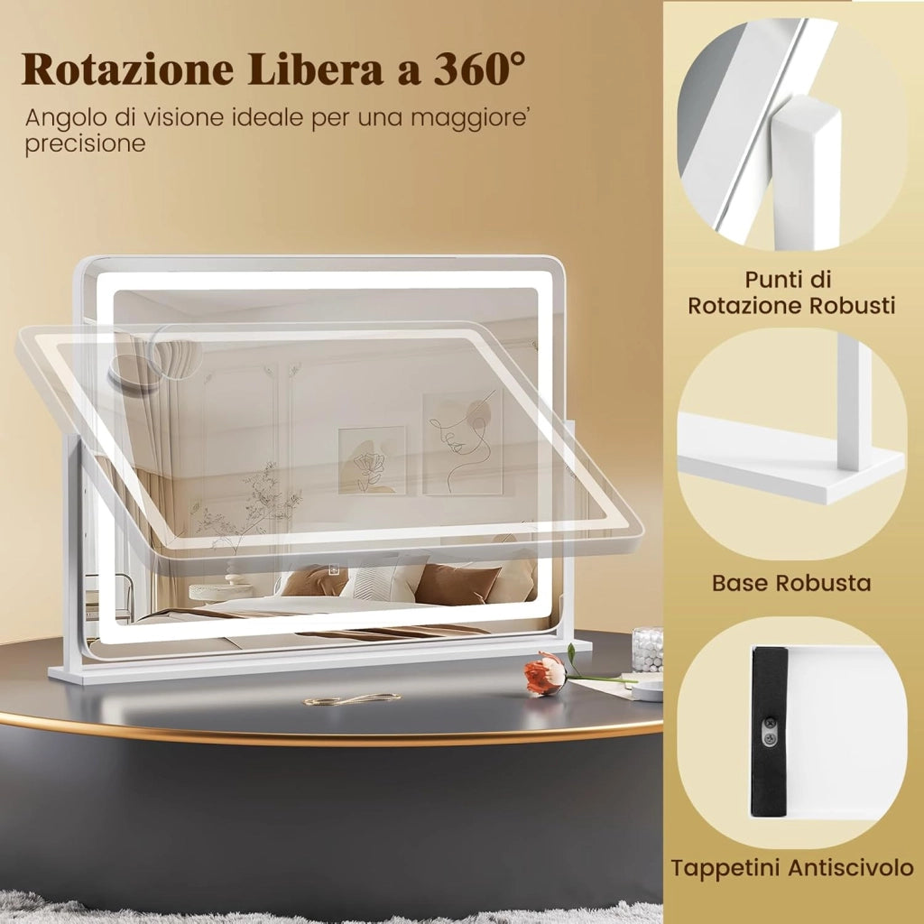 Speechio da Trucco con Luci Regolabile in Luminosità e a 3 Colori, Specchio da Tavolo con Specchio Ingrendimento 10X, Specchio da Trucco a Rotazione, 80 x 55 cm, Bianco