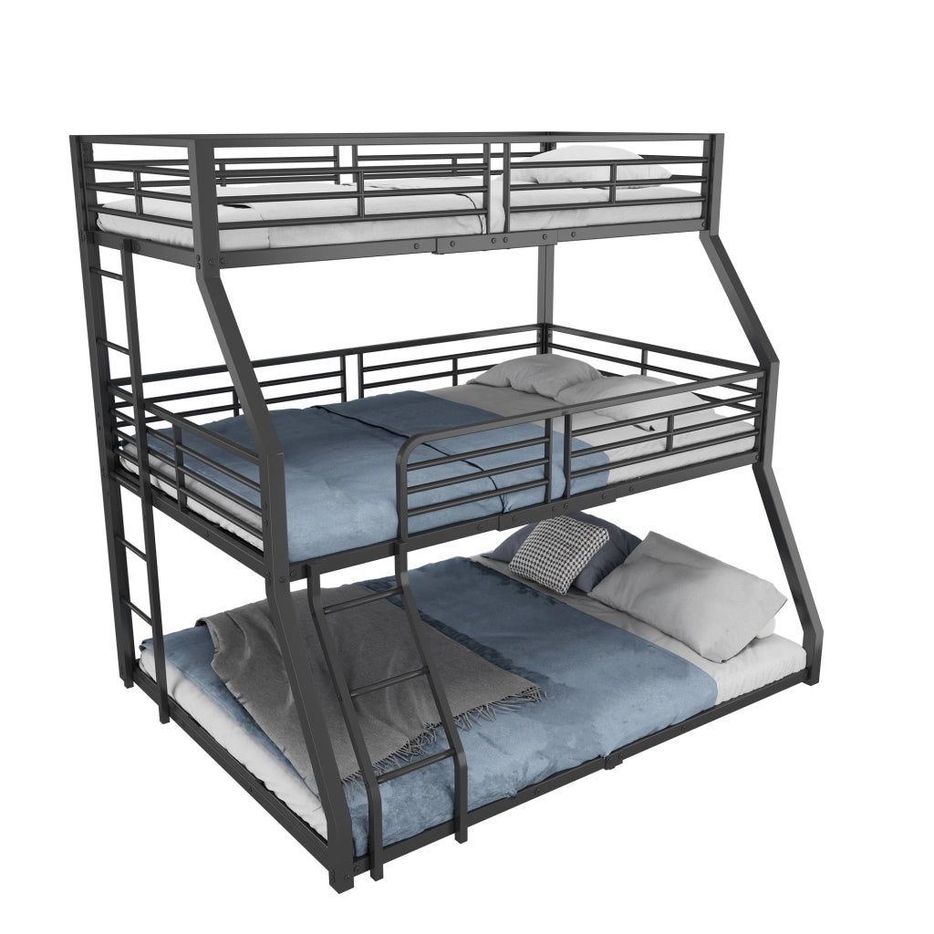 Letto a Castello Triplo 3 Posti con 2 Scale e Sponde; 90×200 cm; senza Materasso; in Metallo; Nero