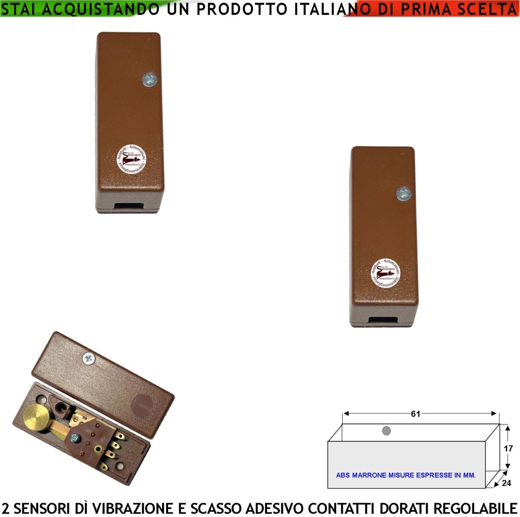 Sensore di Vibrazioni Continue 2 Pezzi Rileva lo Scasso Per Furto Sistema Via Filo Su Inferriate Porte Vetrate Martelletto Regolabile Contatto Allarme NC Tamper Contenitore Adesivo ABS Marrone IP30