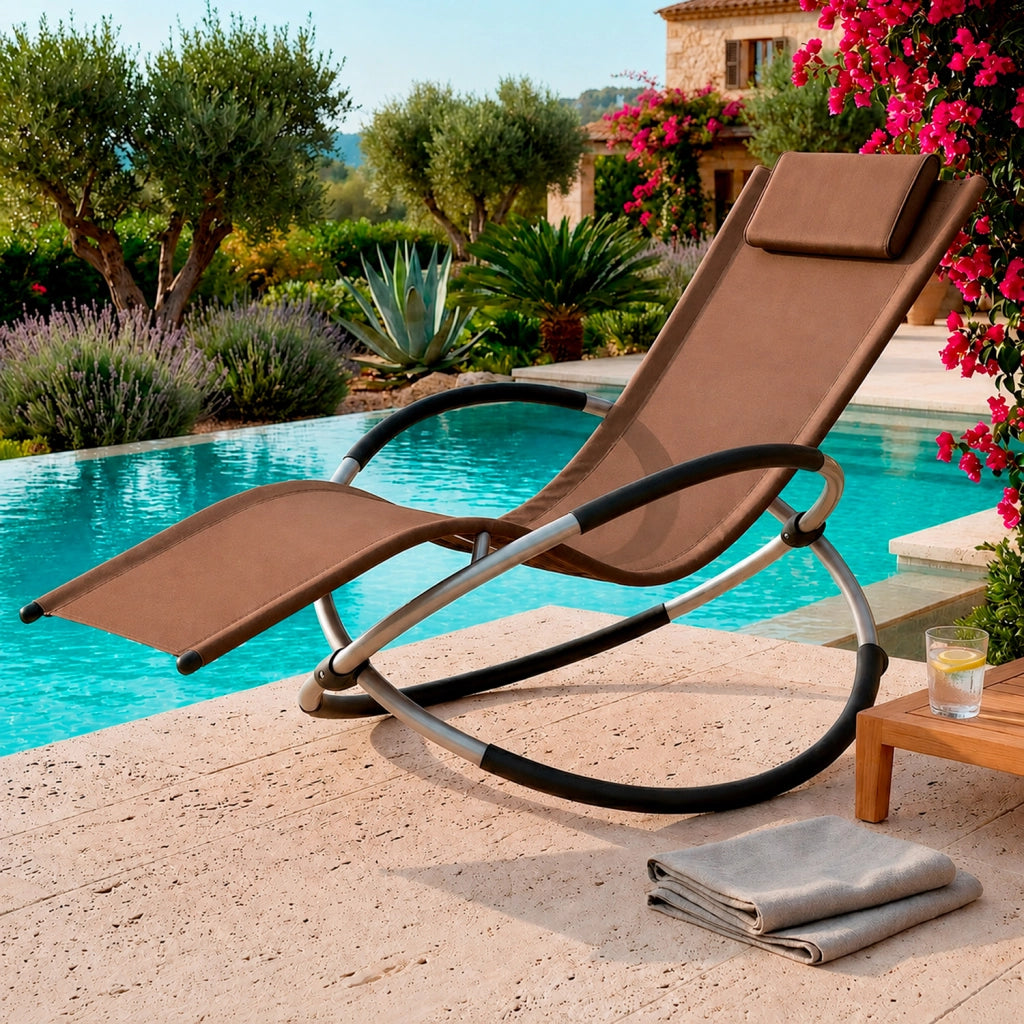 Poltrona Relax Basculante Da Giardino Con Movimento A Dondolo Telaio In Metallo Rivestimento Traspirante In Textilene Per Piscina Terrazzo Marrone