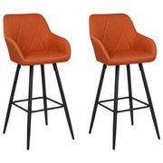 Set di 2 Sgabelli Bar Tessuto Arancione con Braccioli Schienale Trapuntato Gambe in Metallo Nero