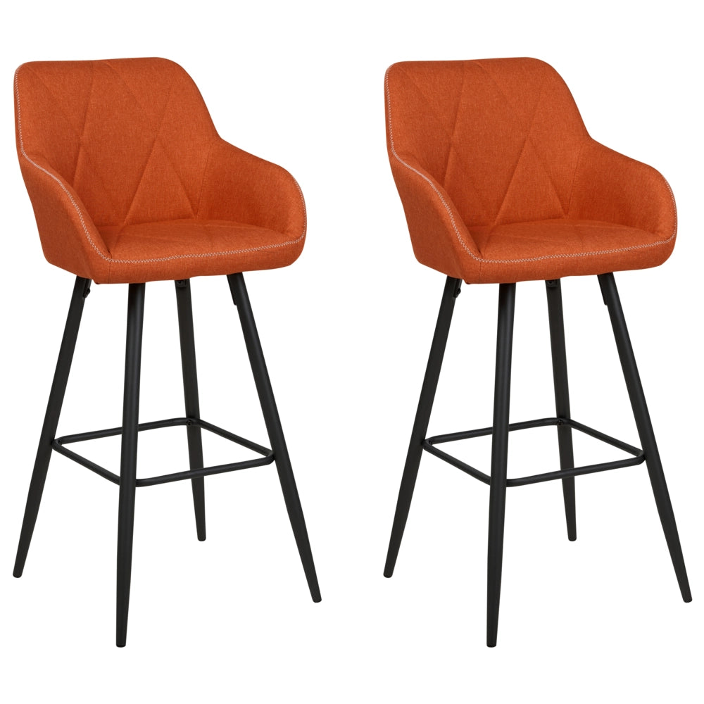 Set di 2 Sgabelli Bar Tessuto Arancione con Braccioli Schienale Trapuntato Gambe in Metallo Nero