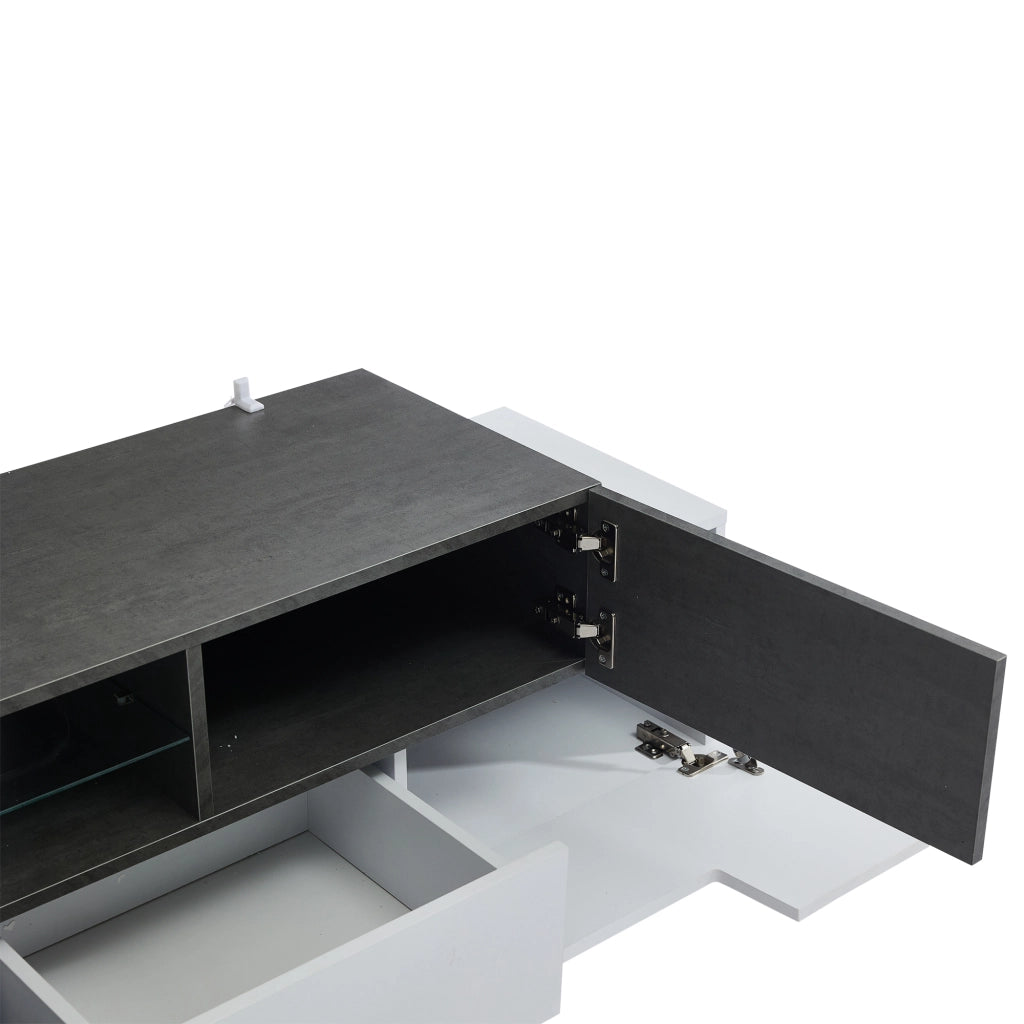 Mobile porta TV con LED, 2 cassetti, 4 ante e 3 ripiani aperti in truciolare e vetro, bianco e grigio 180 × 40 × 45 cm
