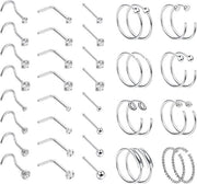 Set di piercing nasale Premium 36-44 pezzi anelli nasali a forma di L in acciaio inossidabile - Zaffiro - Set di piercing per uomini e donne - 20 g - Anello nasale elegante.
