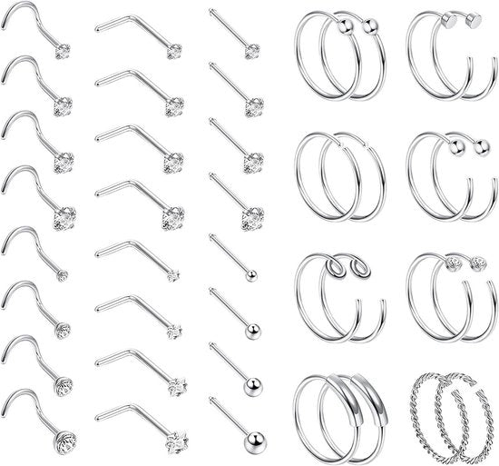 Set di piercing nasale Premium 36-44 pezzi anelli nasali a forma di L in acciaio inossidabile - Zaffiro - Set di piercing per uomini e donne - 20 g - Anello nasale elegante.