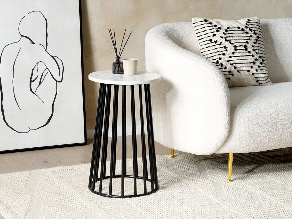 Tavolino con piano in marmo bianco e struttura in metallo nero 36 x 36 cm Rotondo Soggiorno moderno Glam Camera da letto