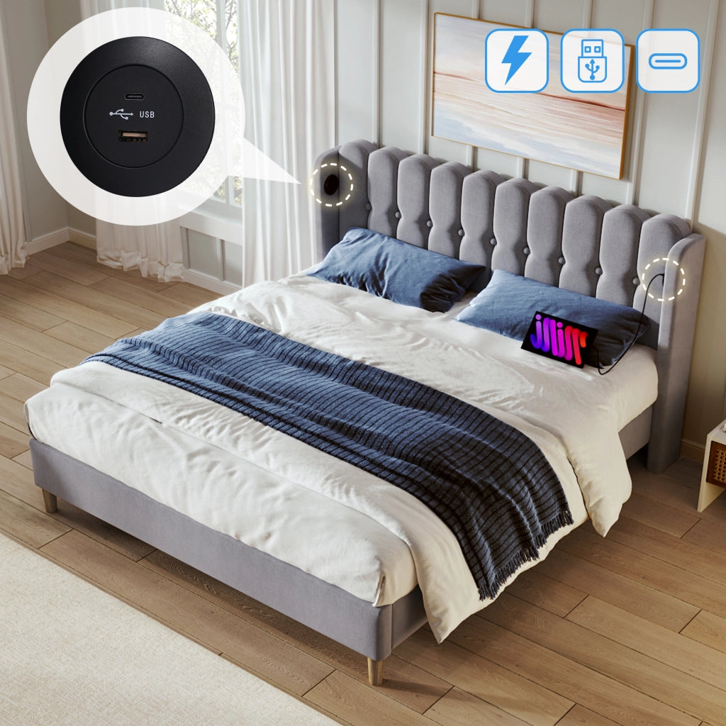 OKWISH Letto Imbottito, Letto Matrimoniale con USB, Tipo C e Testiera Imbottita, 140 × 200 cm, con Materasso, Grigio