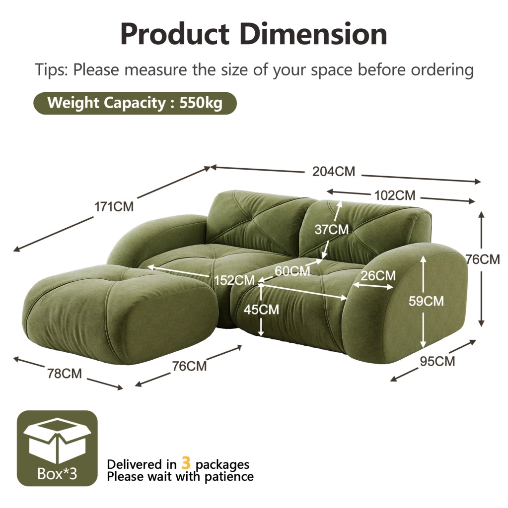 Divano modulare con comfort morbido e design pet friendly in chenille verde