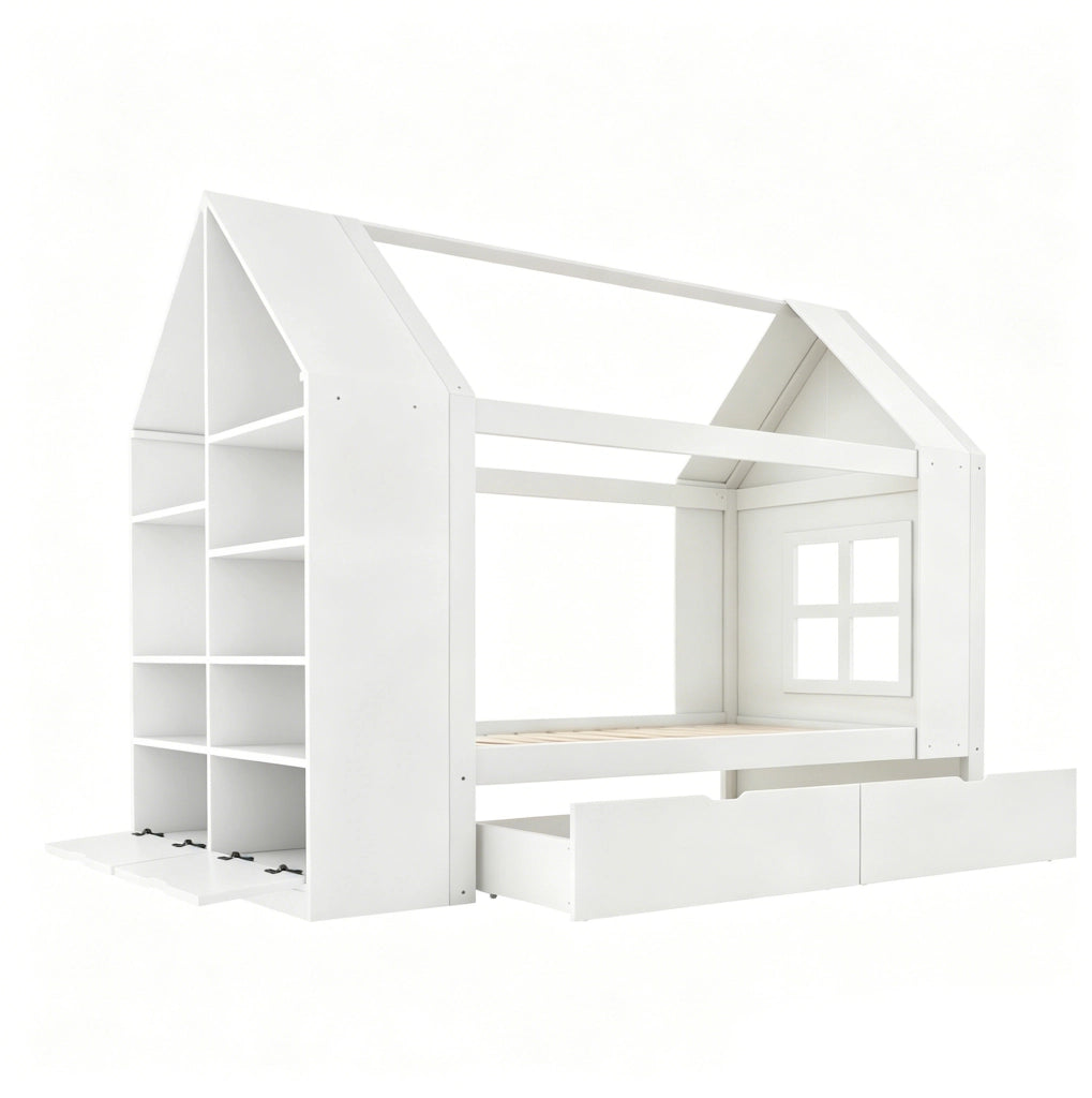 Letto a casetta per bambini 90x200 cm con 2 cassetti; LED e vano contenitore; bianco