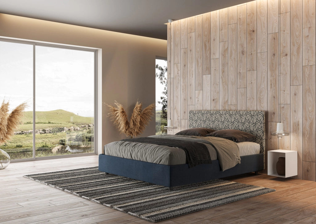 Letto Matrimoniale 160x210 cm con Rete e Contenitore con Testata e Alzata Comoda Imbottito in Tessuto Era Arla Blu
