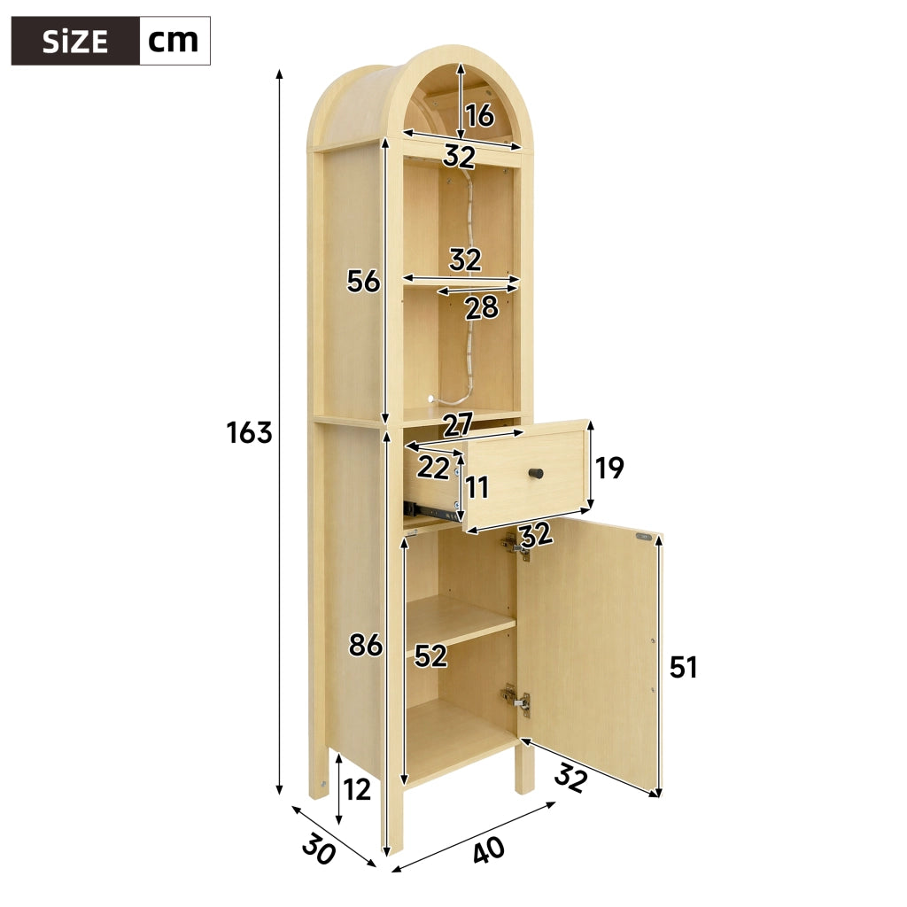 Mobile da bagno con 1 anta; cassetto e LED; per bagno; in MDF; 40x30x163 cm; naturale