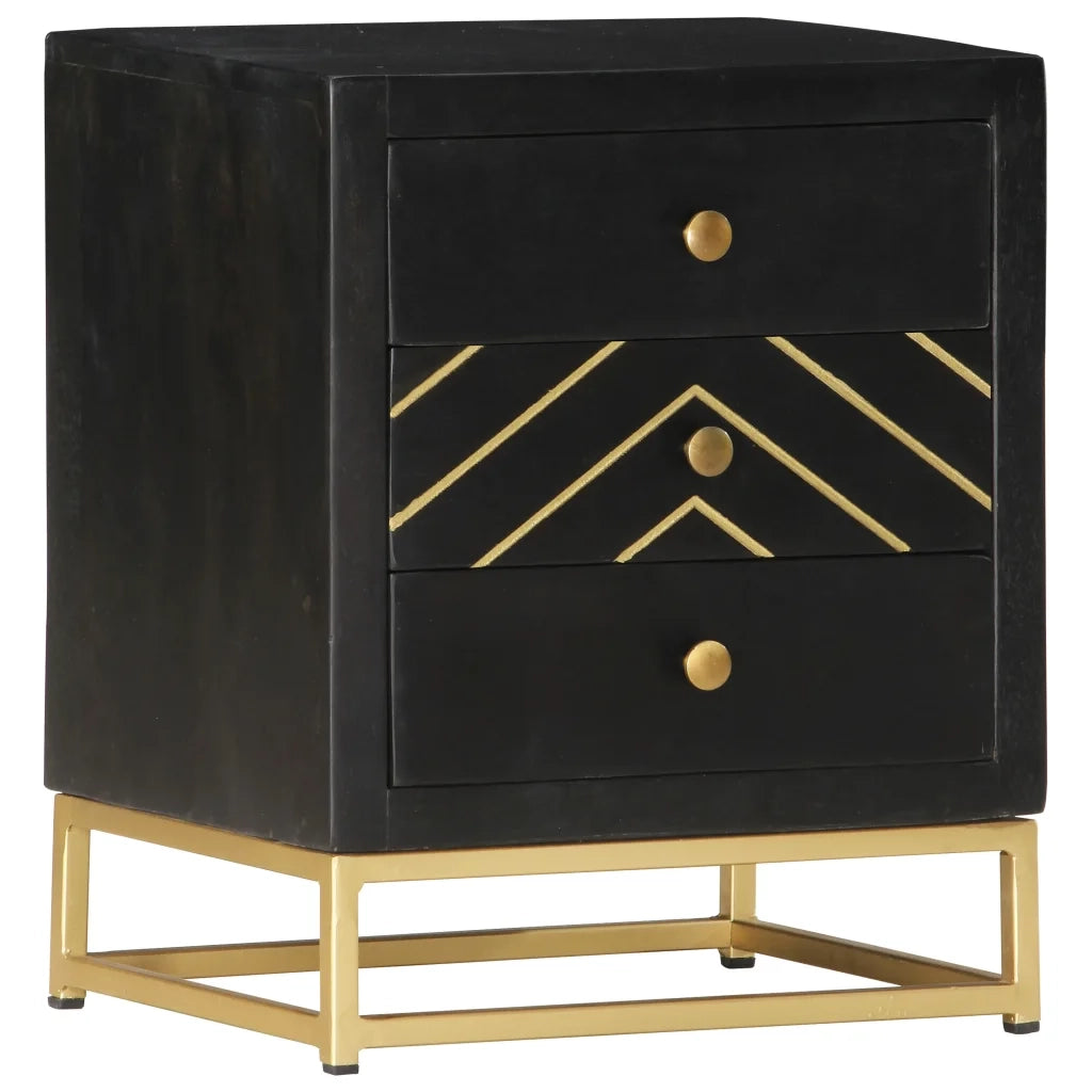 Comodino Nero e Oro 40x30x50 cm in Legno Massello di Mango 286517