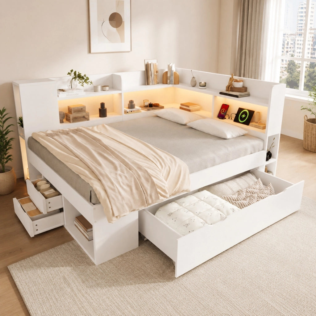 Letto da giorno 140x200 cm bianco con LED, USB e cassetti