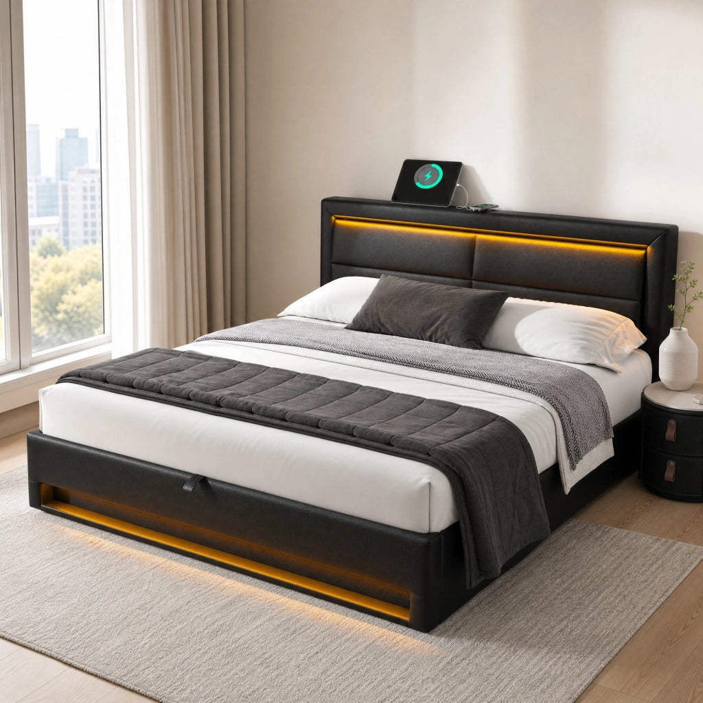Letto imbottito 140x200 cm in PU nero con USB; illuminazione LED e contenitore