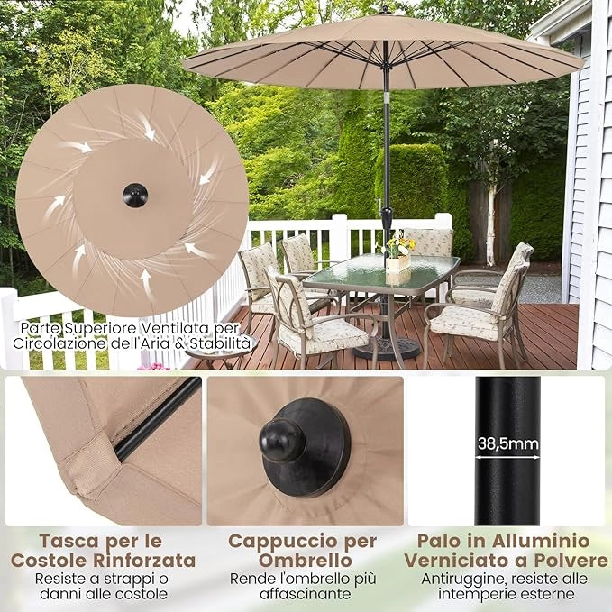 Ombrellone da Giardino Rotondo di 265 cm, Ombrellone da Patio con 18 Costole, Inclinazione a Pulsante, Parasole con Supporto in Metallo, per Cortile, Piscina, Spiaggia (Marrone)