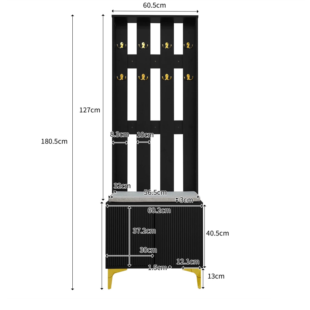 Mobile Ingresso con 2 Ante; Ripiani Regolabili e Panca Portascarpe; Push-to-Open; Nero e Oro; 60;5×35;2×180;5 cm