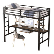 Letto a Soppalco Singolo con Scrivania; 2 Scaffali e Scala 90×200 cm; senza Materasso; Metallo; Nero