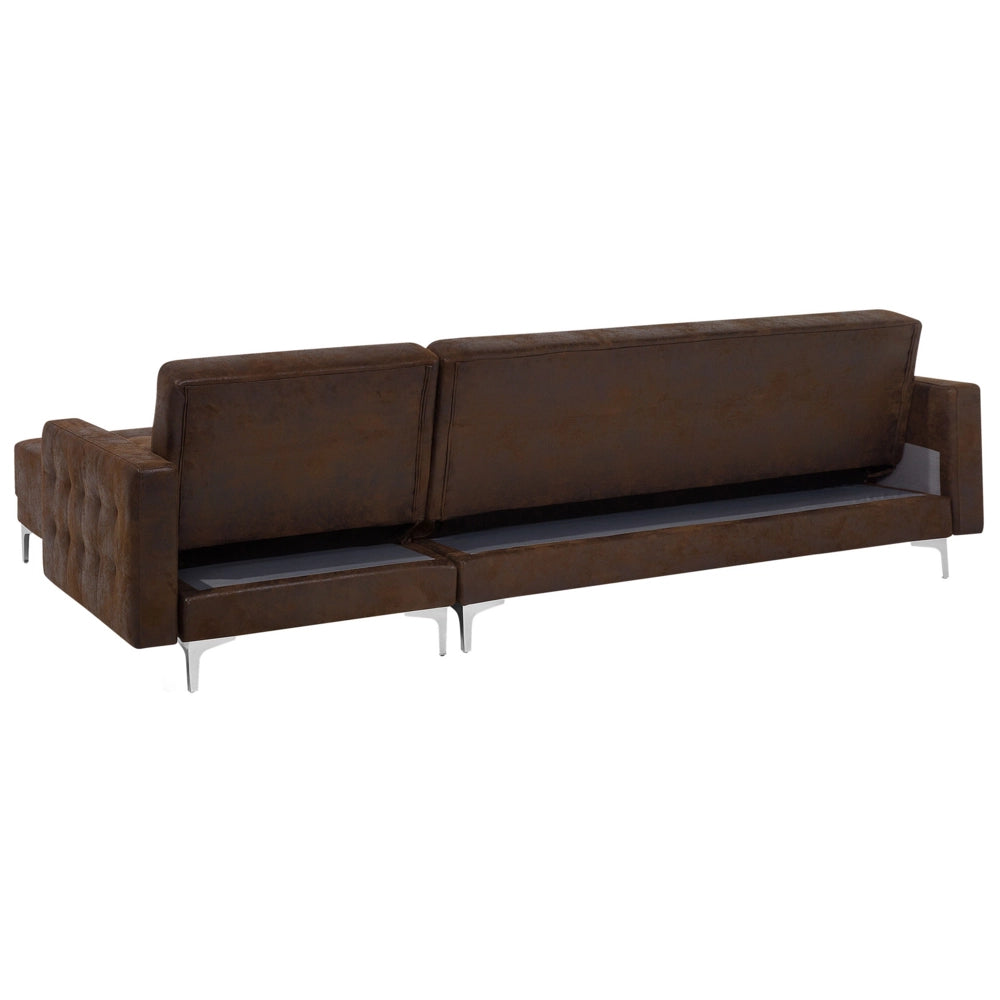Divano letto angolare marrone in ecopelle con rivestimento a forma di L moderno e modulare a 4 posti con ottomana Chaise Longue sinistra