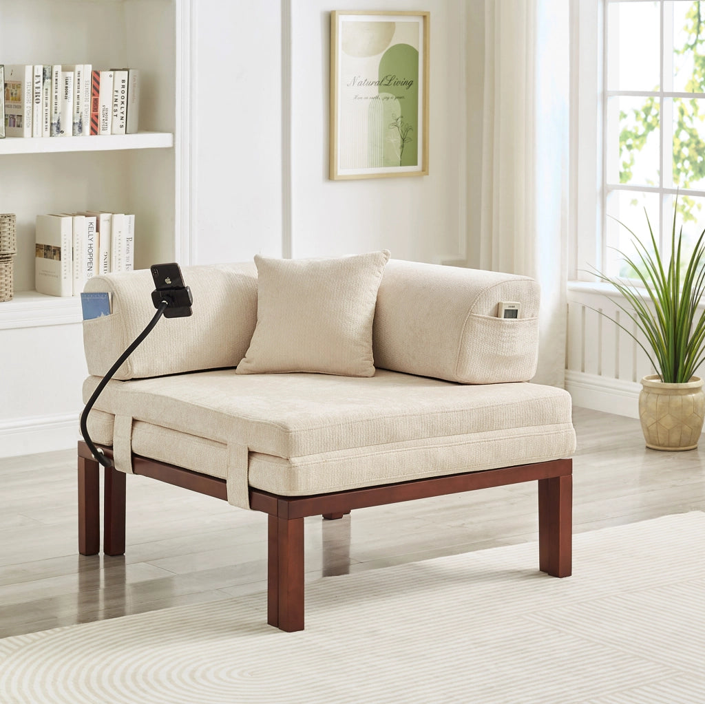 Divano letto pieghevole in legno massello, singolo, beige