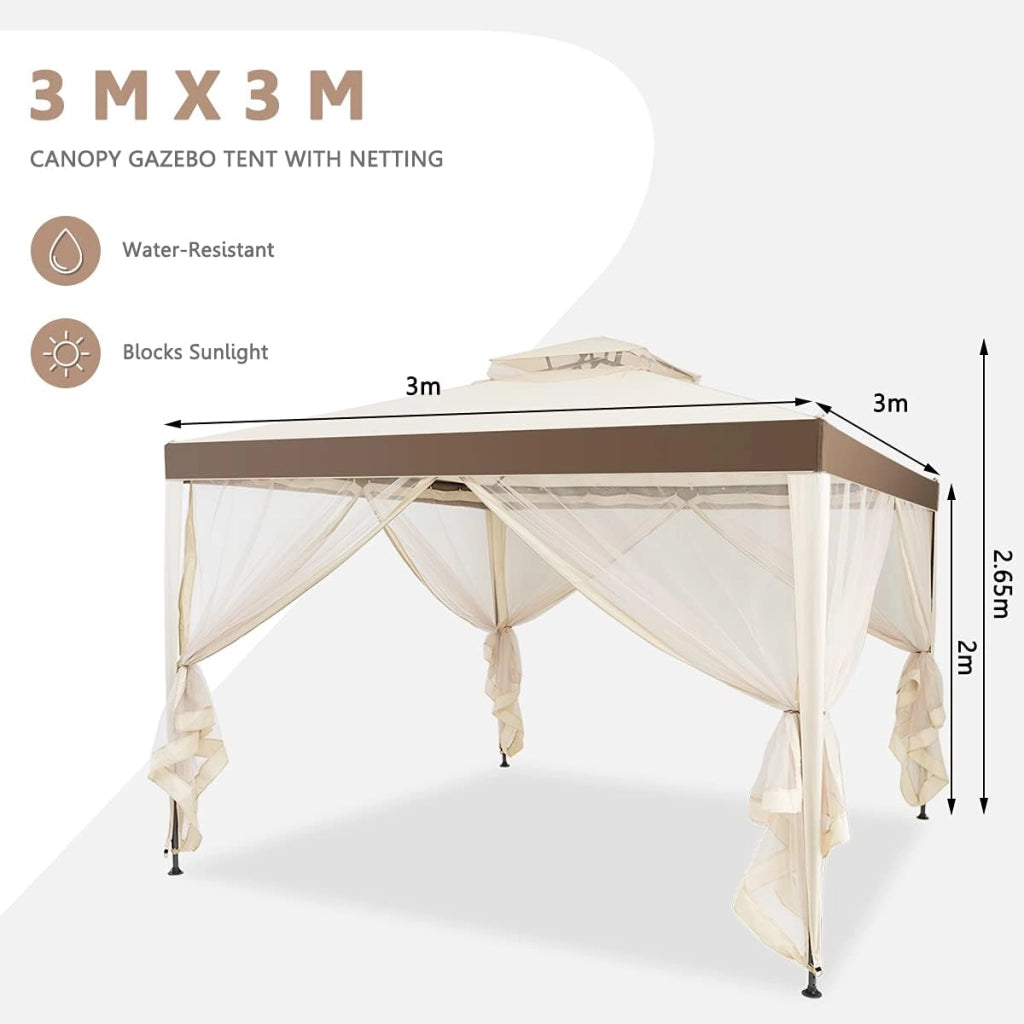 3 x 3M Gazebo da Giardino, con Tetto e Tende di Struttura in Acciaio, 4 Tende Laterali, Ventilazione e Zanzariere, Traspirante e Comodo per Parco/Giardino/Balcone, 2 Colori (beige)
