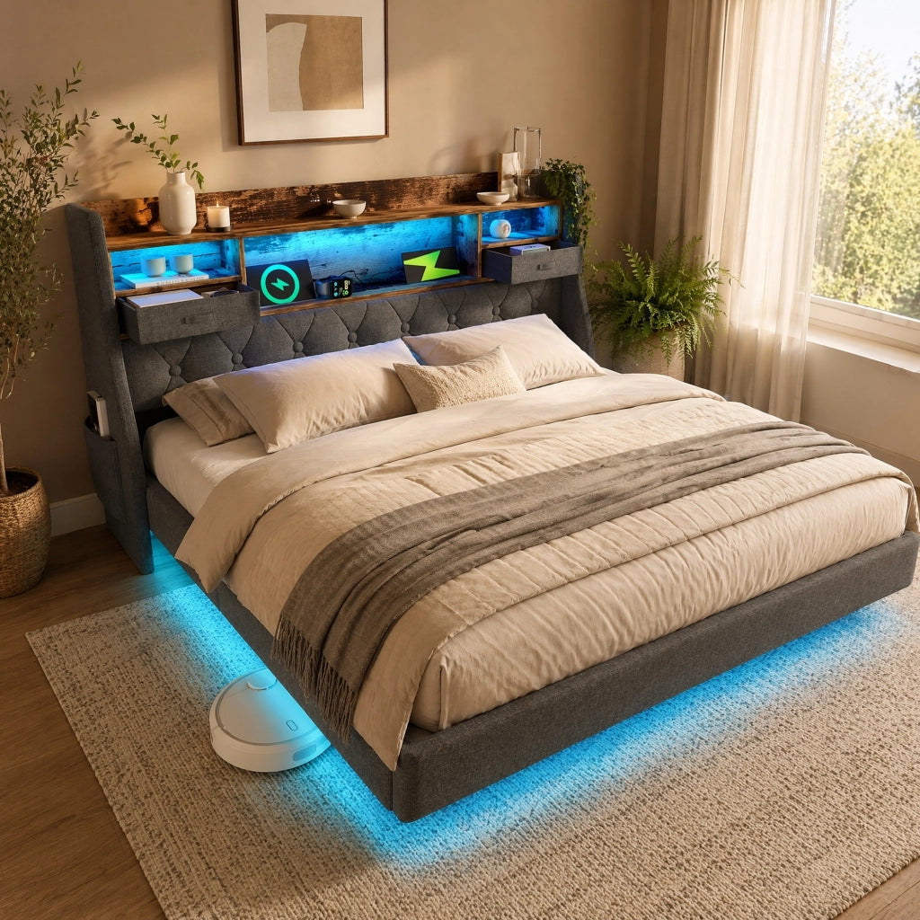 Letto matrimoniale 140x200 cm con LED, USB-C e materasso