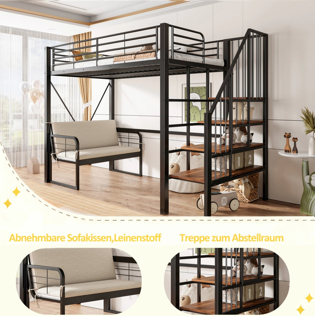 Letto a castello 90x200 cm con scala contenitore e divano imbottito removibile in metallo nero