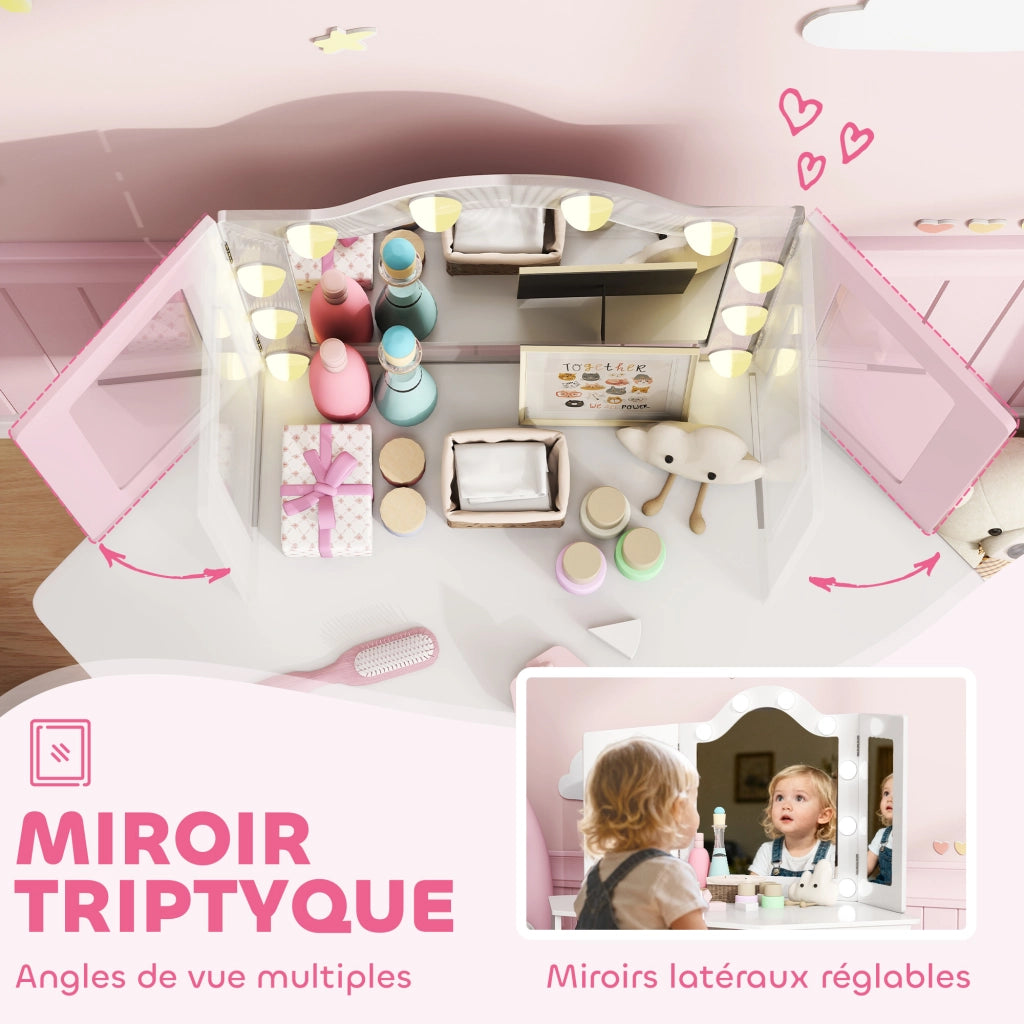 Tavolo trucco bambini con specchio e luci LED ¨C zephmum ¨C bianco 93.6x48.5x111.5 cm