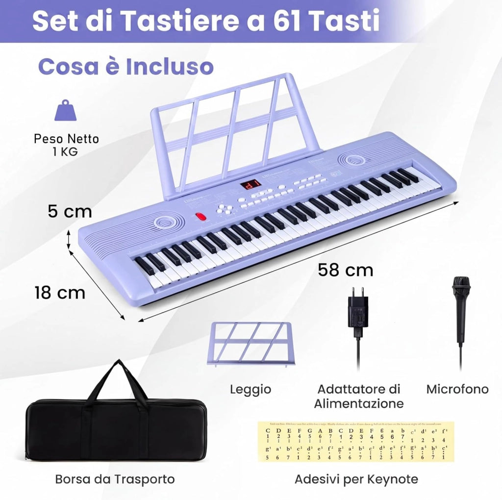 Pianoforte Digitale a 61 Tasti, Pianoforte Elettronica con Supporto, Microfono, Pianoforte Portatile con Adesivi per Tasti e Borsa da Trasporto, per Bambini e Adulti (Viola)