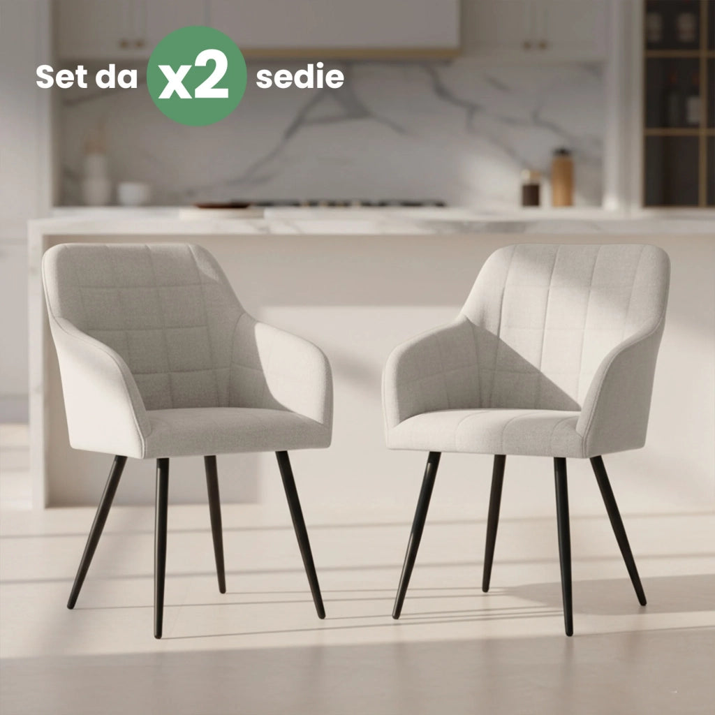 Set di 2 Sedie imbottite con cuciture quadrate LUXANO Crema gambe nere tessuto Lumos