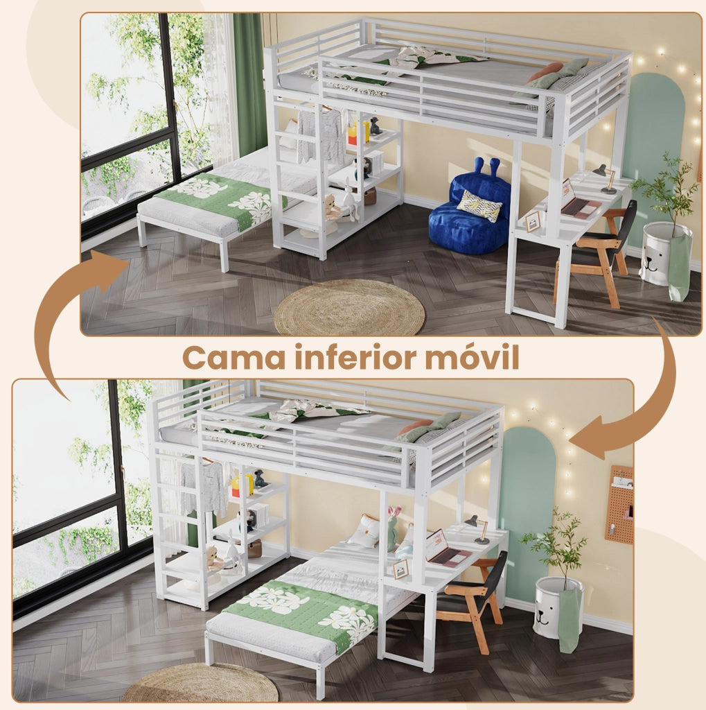 Letto a soppalco 90x200 cm con scrivania e scaffali bianco