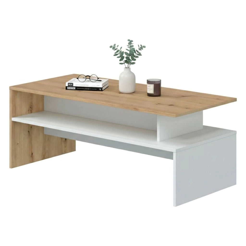 Tavolino da salotto Bartolomea, Tavolino soggiorno, Tavolino da caffÒ¨, Tavolo basso, 100x50h43 cm, Rovere Nodi e Bianco lucido